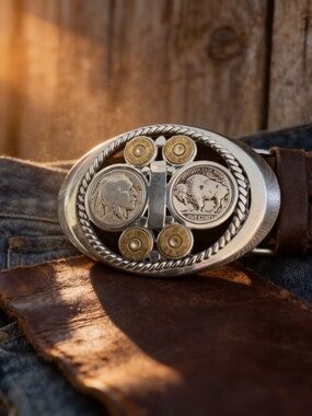 Vintage custom belt buckle featuring Buffalo nickels and brass bullet casings